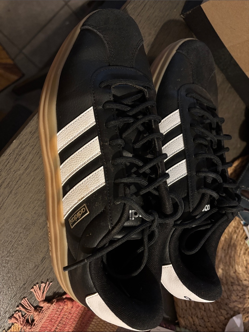 adidas Women’s Black Sneakers with White Stripes and Gum Sole - Picture 2 of 5